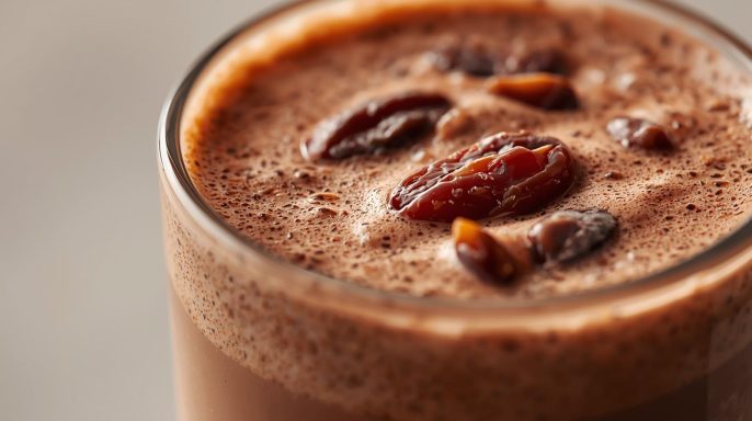 Creamy Cacao Milk with dates Chocolademelk met noten en stukjes gedroogd fruit in een glas.